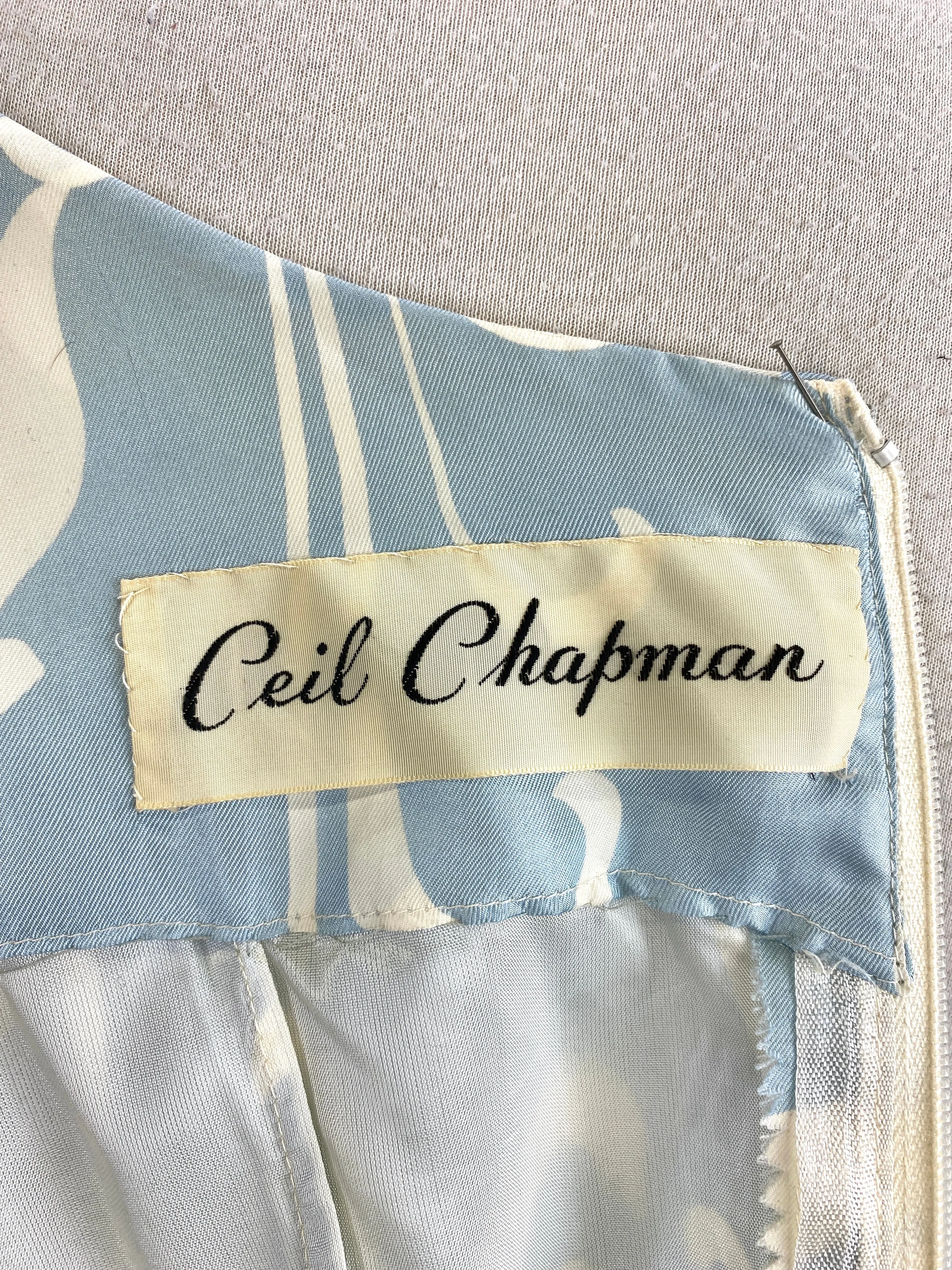 Vintage 1960s Ceil Chapman Blue & Cream Silk Print Dress, Medium