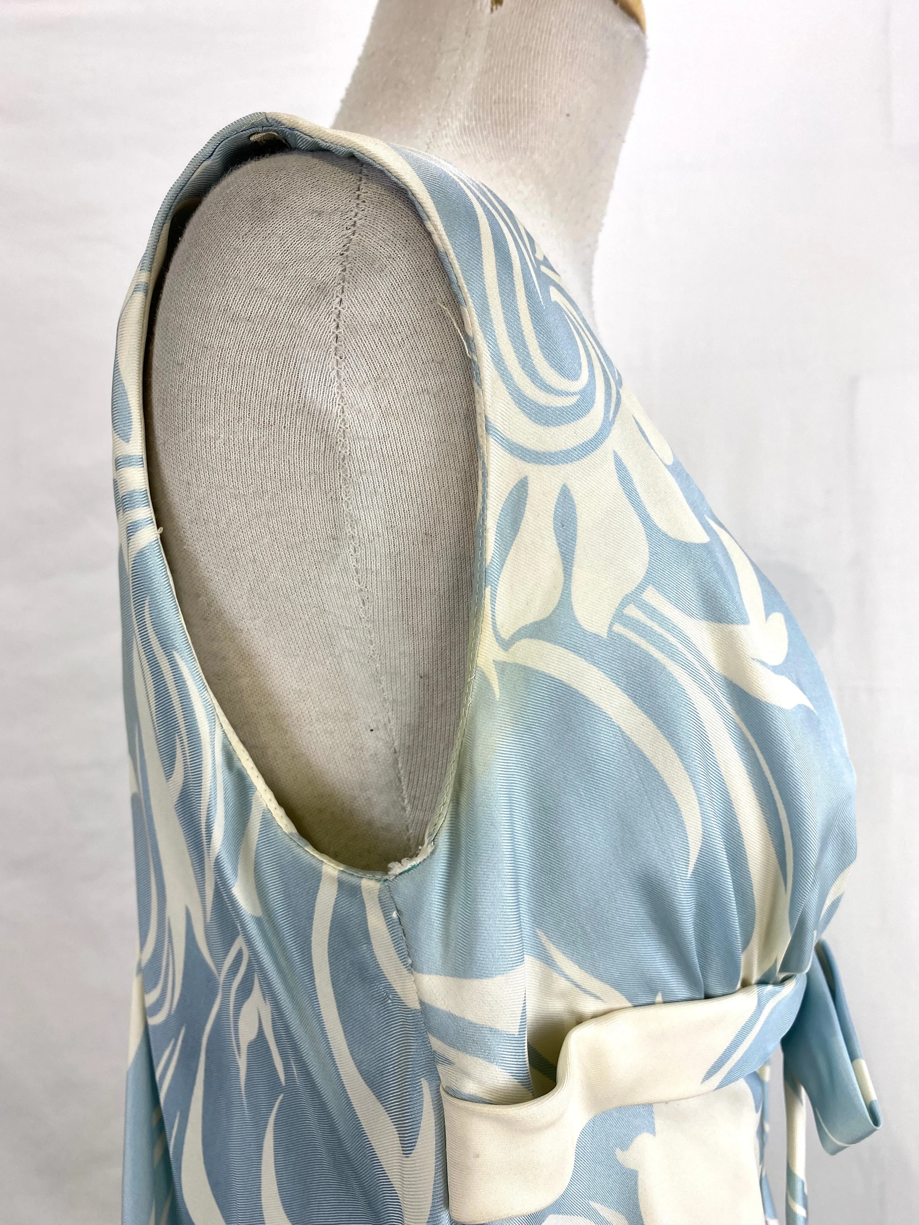 Vintage 1960s Ceil Chapman Blue & Cream Silk Print Dress, Medium
