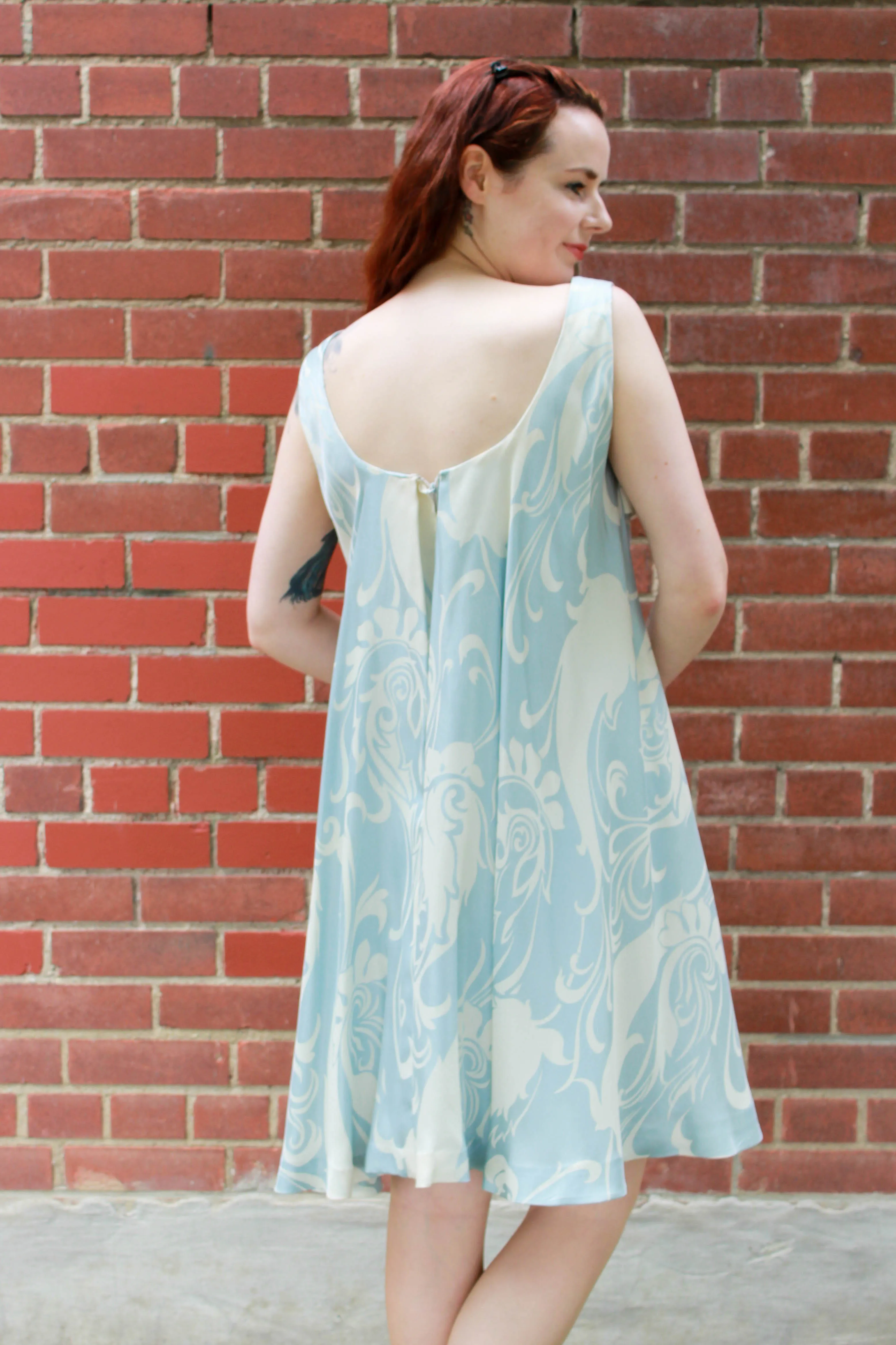 Vintage 1960s Ceil Chapman Blue & Cream Silk Print Dress, Medium