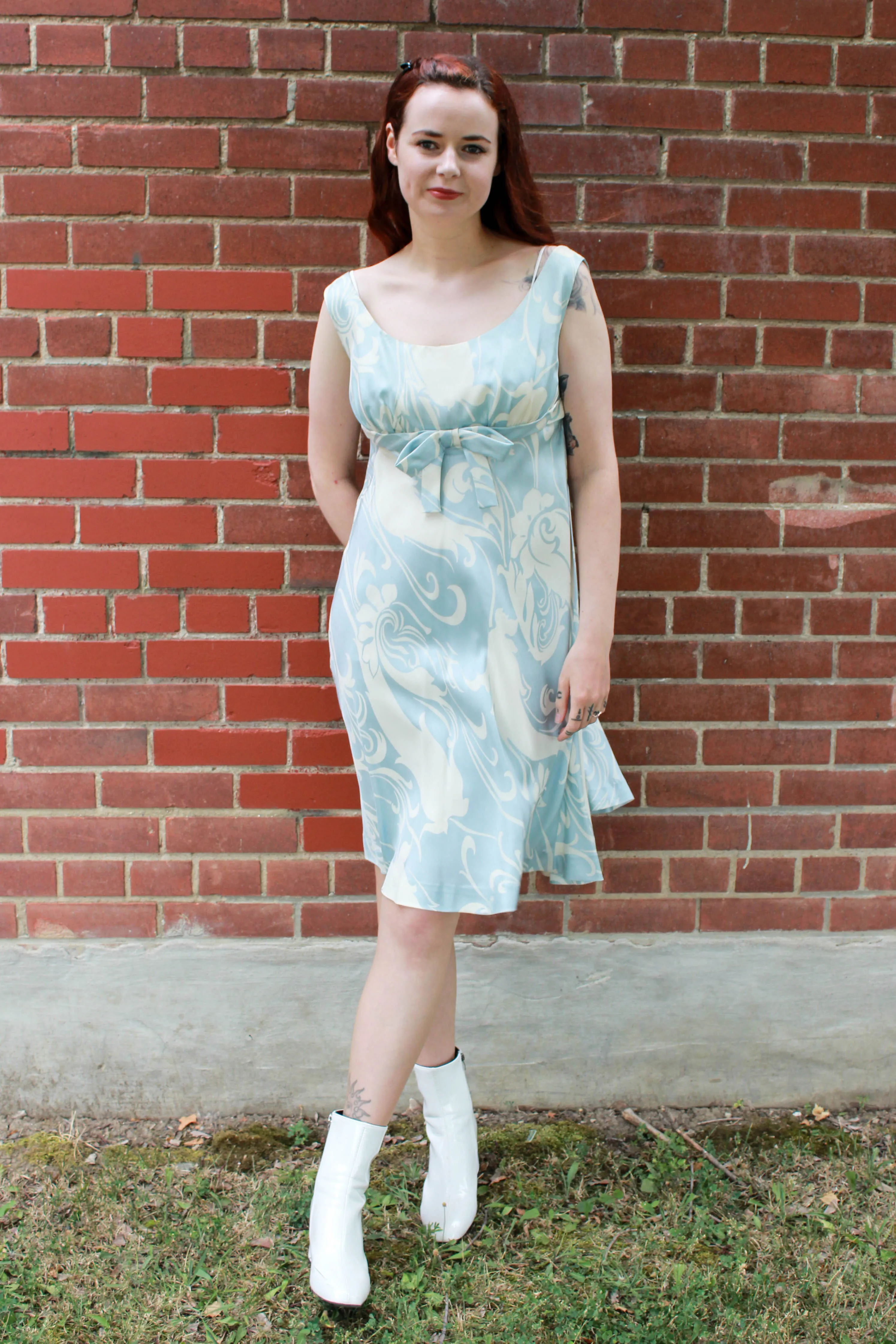 Vintage 1960s Ceil Chapman Blue & Cream Silk Print Dress, Medium