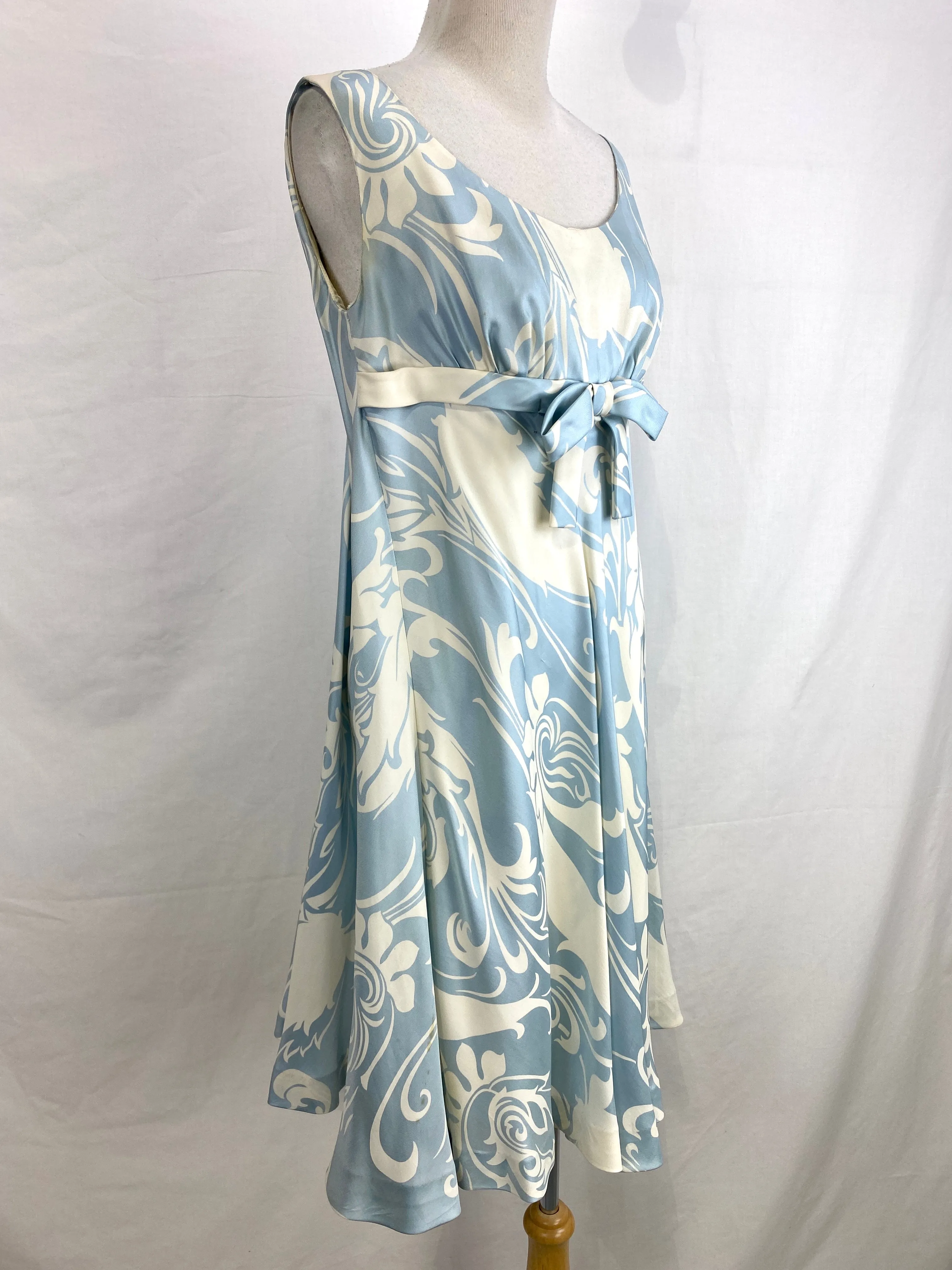 Vintage 1960s Ceil Chapman Blue & Cream Silk Print Dress, Medium