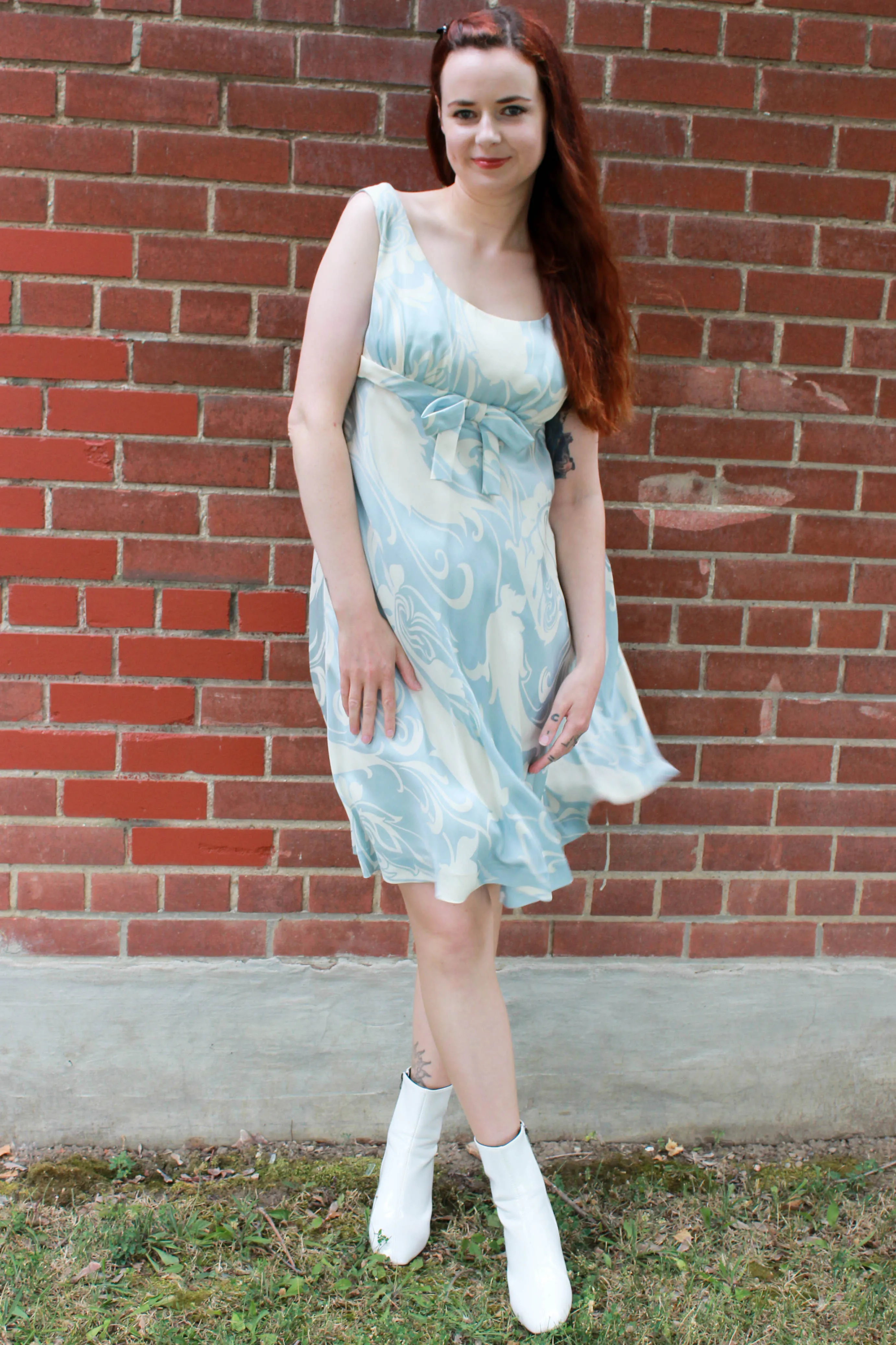 Vintage 1960s Ceil Chapman Blue & Cream Silk Print Dress, Medium