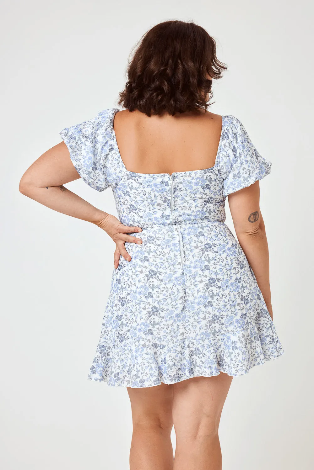 White Blue Floral Puff Sleeve Wrap Dress