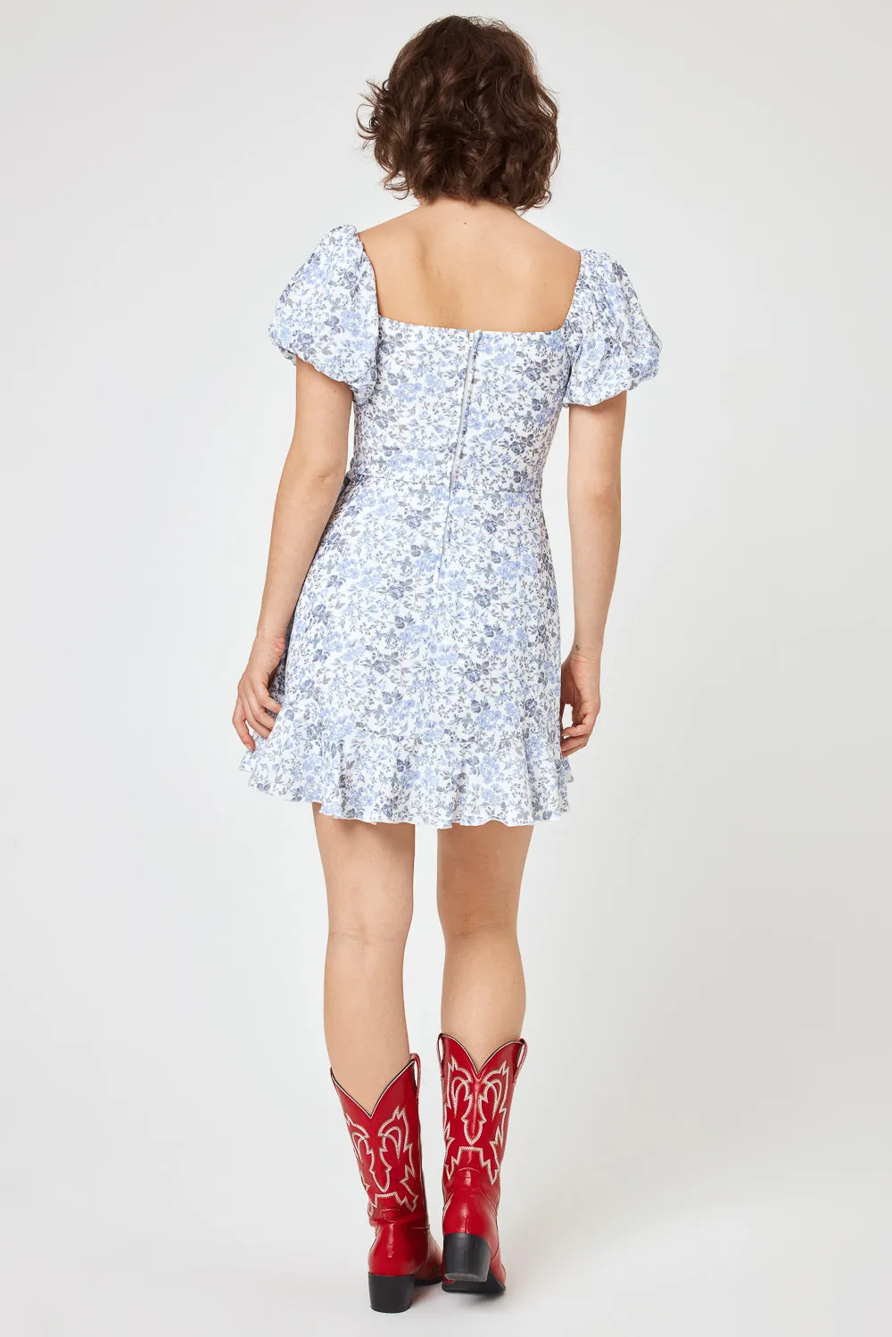 White Blue Floral Puff Sleeve Wrap Dress
