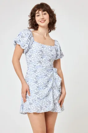 White Blue Floral Puff Sleeve Wrap Dress