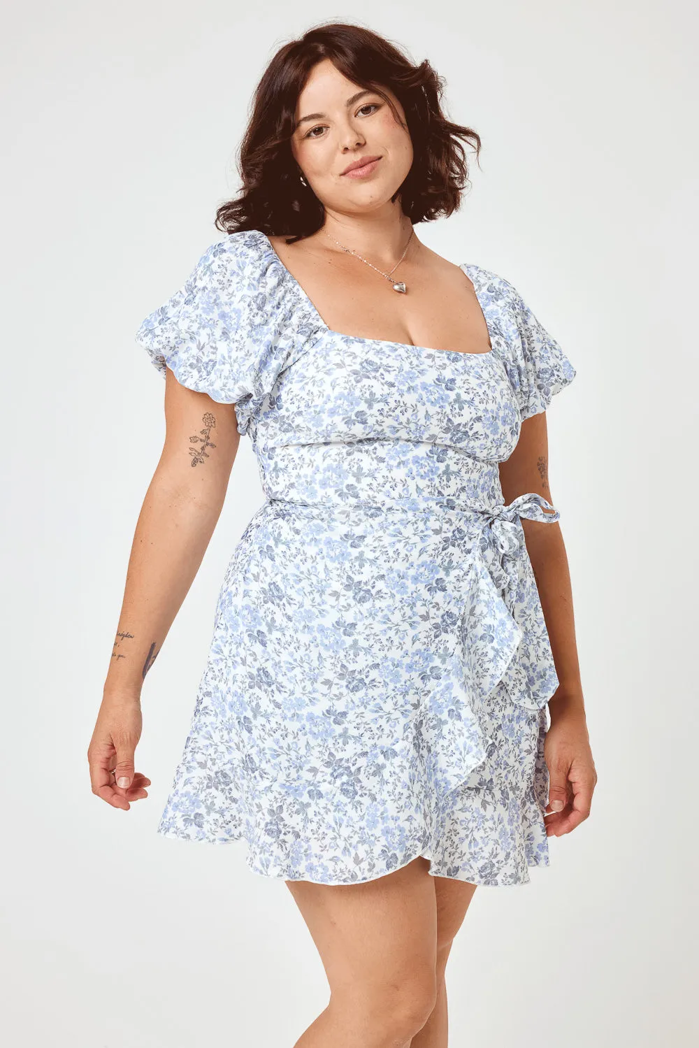 White Blue Floral Puff Sleeve Wrap Dress