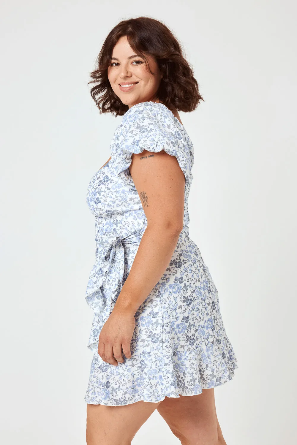 White Blue Floral Puff Sleeve Wrap Dress